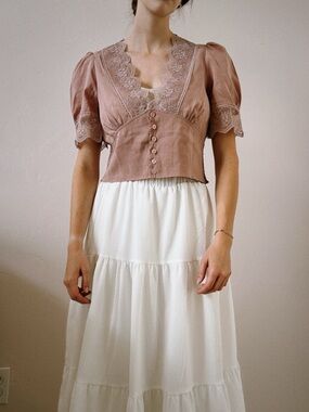 Zara Lace Trim Puff Sleeve V-Neck Blouse - Mauve Pink